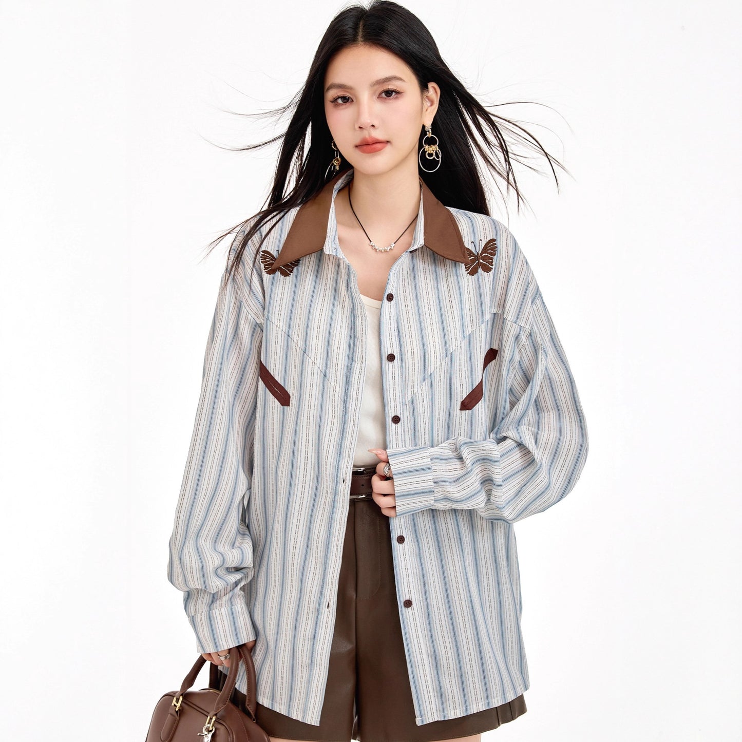 Retro Stripe Spliced Shirt for Women, Autumn Design Sense, Unique Layered Blouse, College Style, Long Sleeve Top