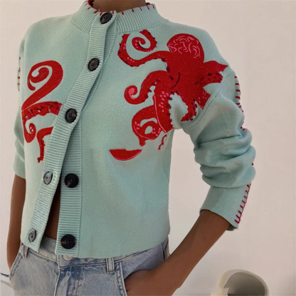 Fashion StyleOctopus Embroidery  Sleeve LengthRound Neck  Closure Type  Cardigan Sweater