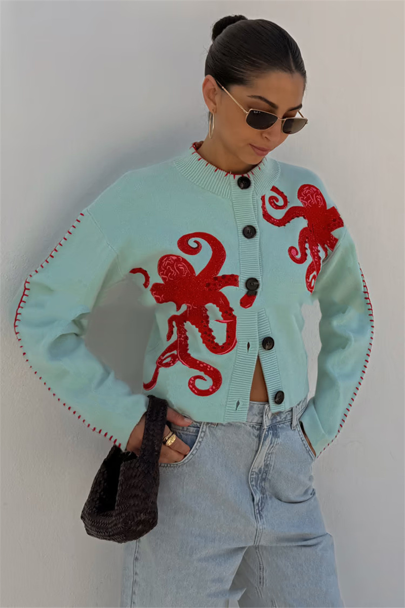 Fashion StyleOctopus Embroidery  Sleeve LengthRound Neck  Closure Type  Cardigan Sweater