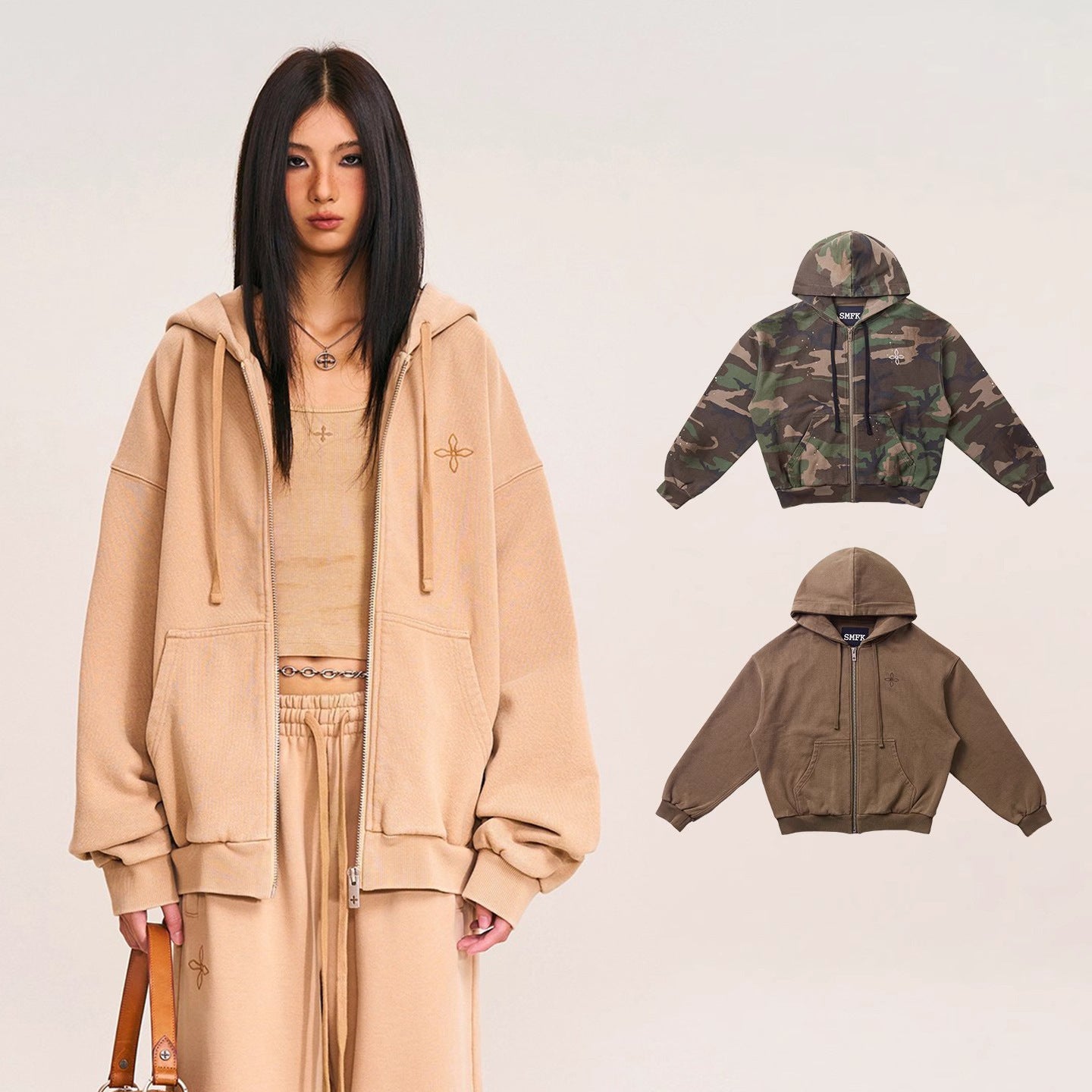 SMFK Cross Statue Oversized Zip-Up Hoodie CH005S1/DK/CF Embroidered Cotton Casual Open Front Hoodie