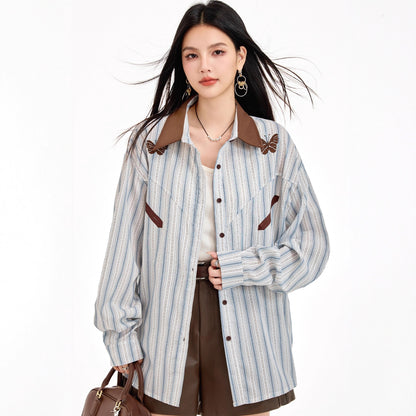 Retro Stripe Spliced Shirt for Women, Autumn Design Sense, Unique Layered Blouse, College Style, Long Sleeve Top