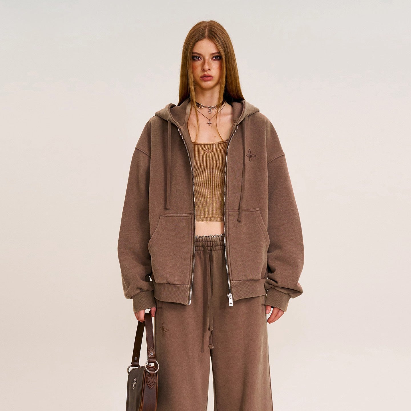 SMFK Cross Statue Oversized Zip-Up Hoodie CH005S1/DK/CF Embroidered Cotton Casual Open Front Hoodie