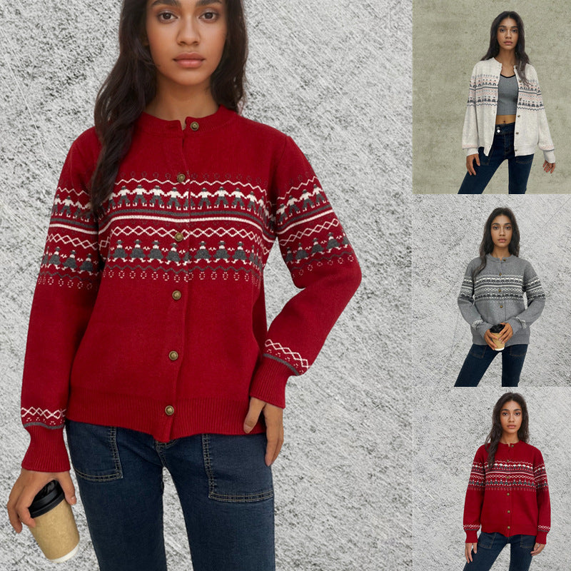 Single breasted red Christmas figurine autumn/winter sweater