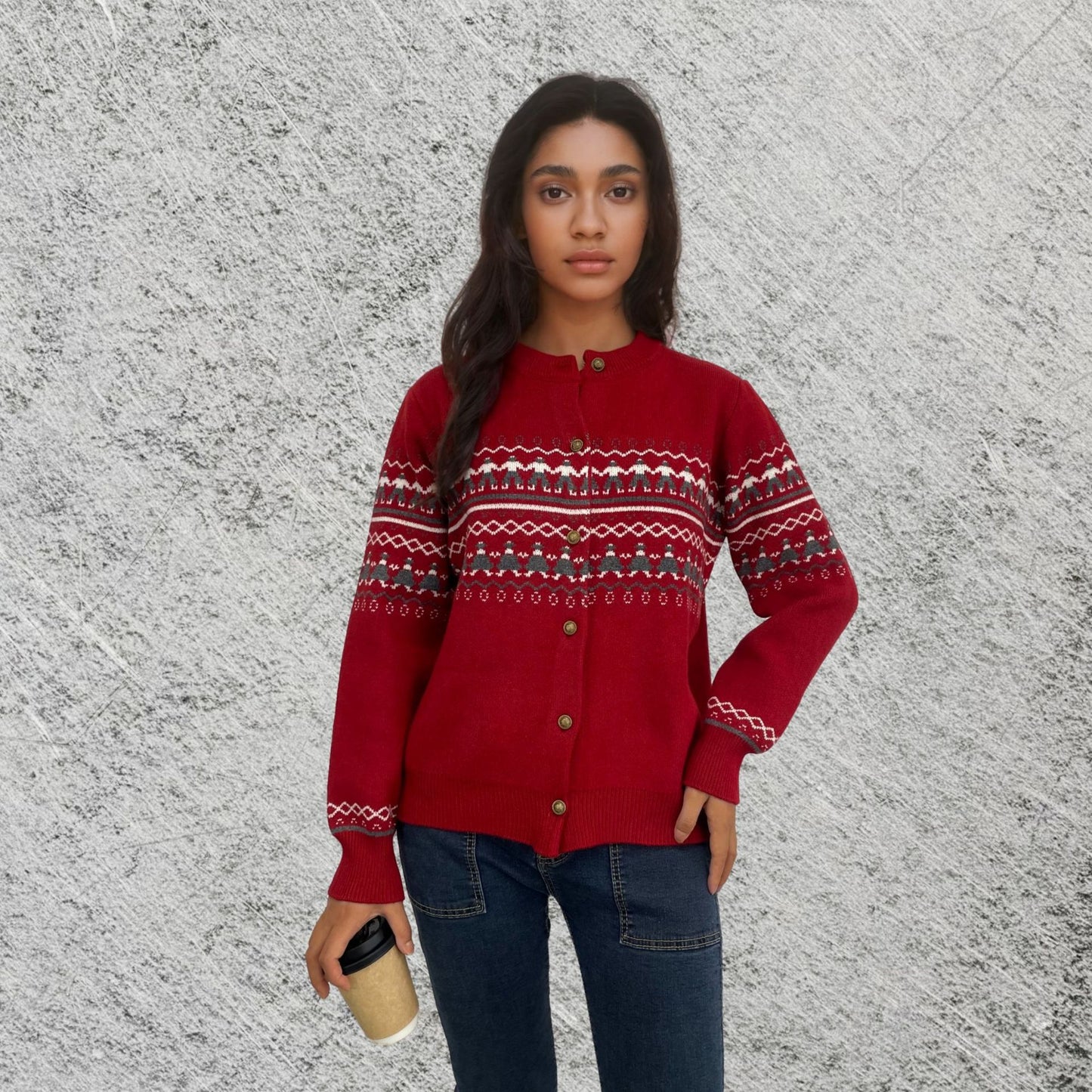 Single breasted red Christmas figurine autumn/winter sweater