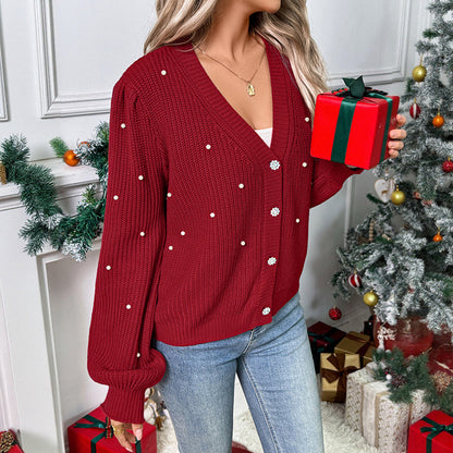 Knitted cardigan V-neck pearl decorated red Christmas sweater jacket for women